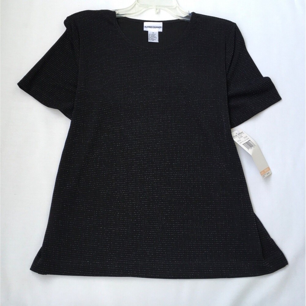 NEW Alfred Dunner Womens M Black Glitter Round Neck Short Sleeve Top T shirt